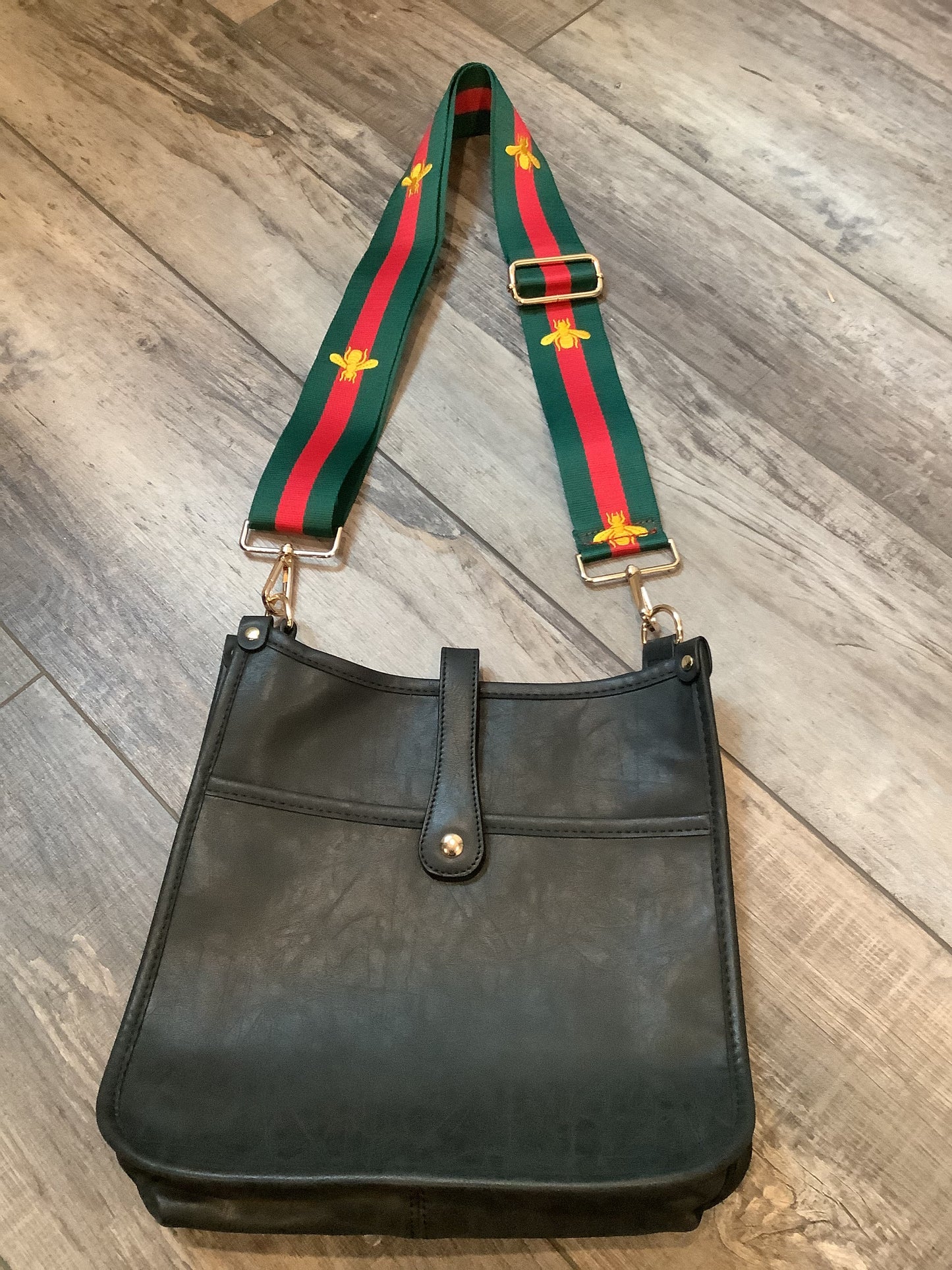 Black  Vintage Vegan Leather Messenger Bag with Red & Green  Bee Strap 💚🐝❤️