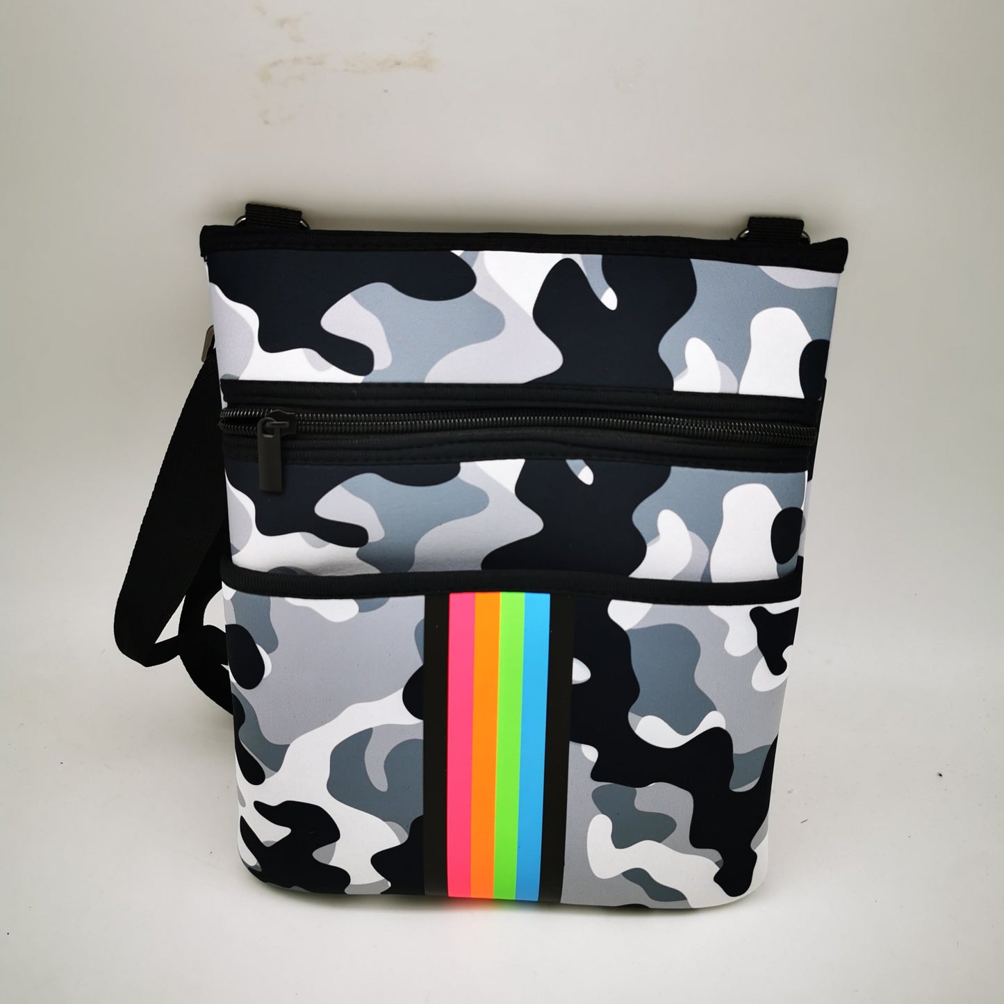 Camo neoprene crossbody with Rainbow stripe 🌈