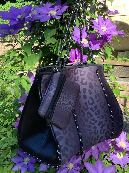 Grey Leopard with Black Metallic Sides Neoprene Tote