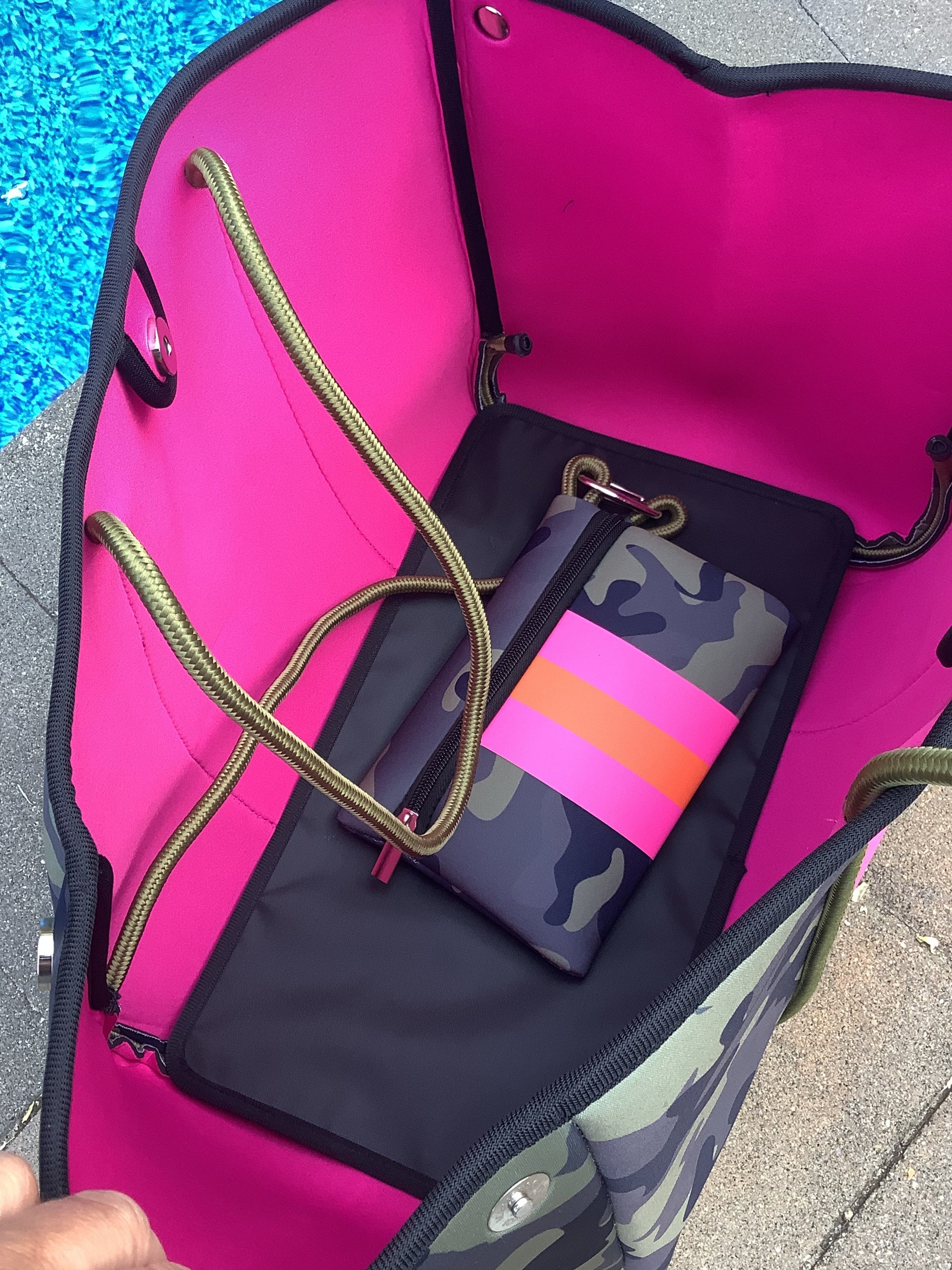 Camo, Pink & Orange Stripe Neoprene Tote Bag