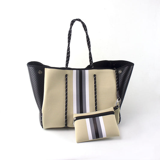 Beige Neoprene Tote with Grey, White & Black Stripe