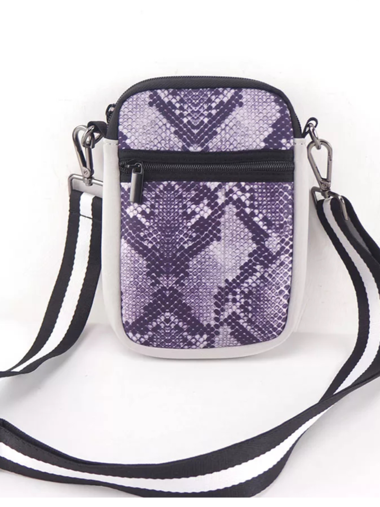 GREY/PURPLE SNAKE WITH MULTI ZIPPER NEOPRENE PHONE HOLDER W/1.25" STRIPE STRAP