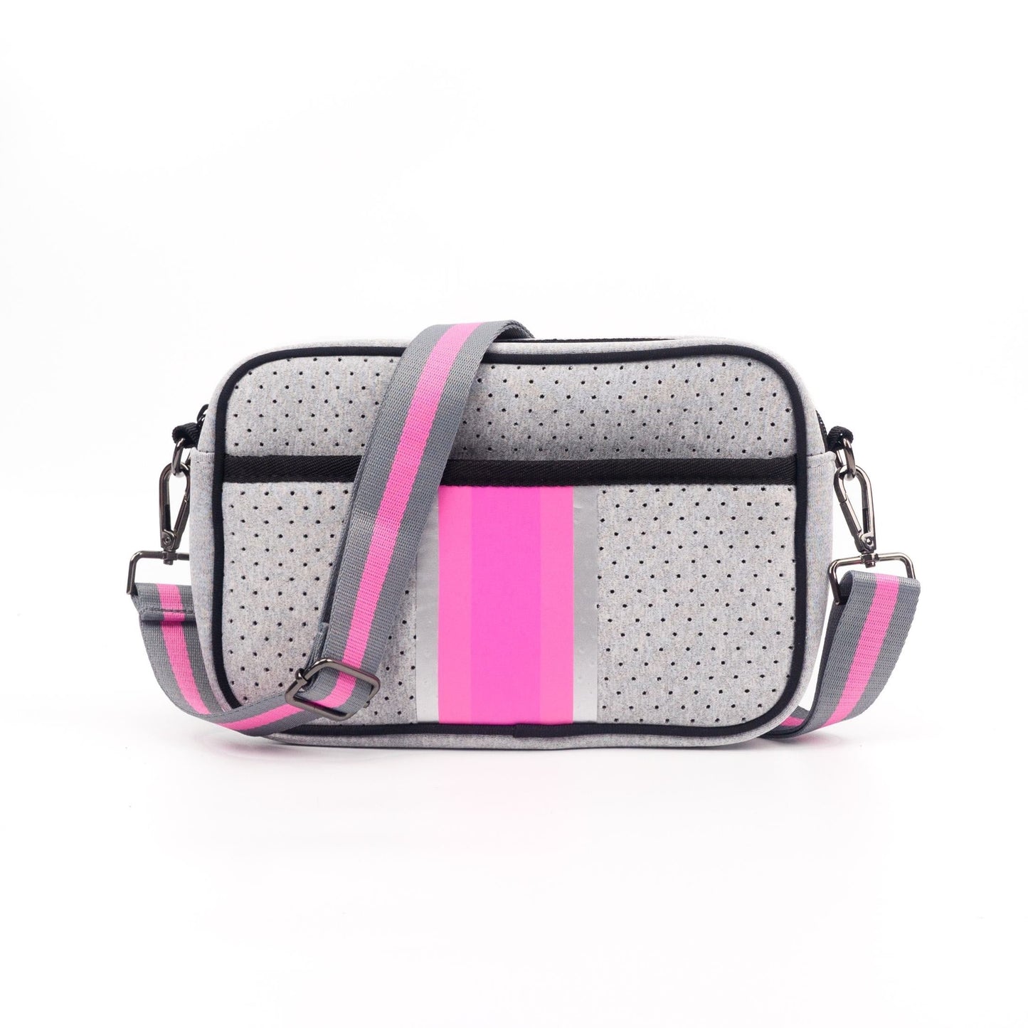 Grey Neoprene Pink Stripe Crossbody Bag