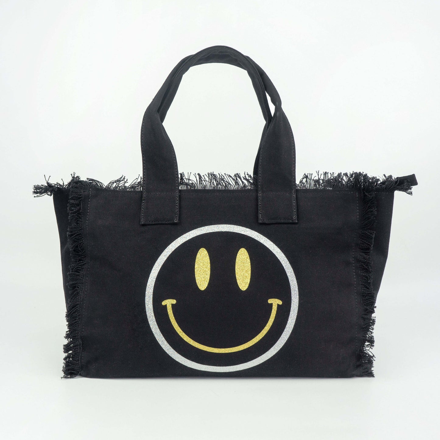 Metallic Gold Silver Smiley Face Canvas Fringe Tote - Assorted Colors