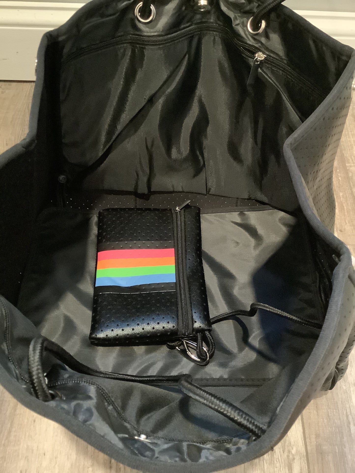 Black Metallic with Rainbow Stripe Neoprene Tote 🌈