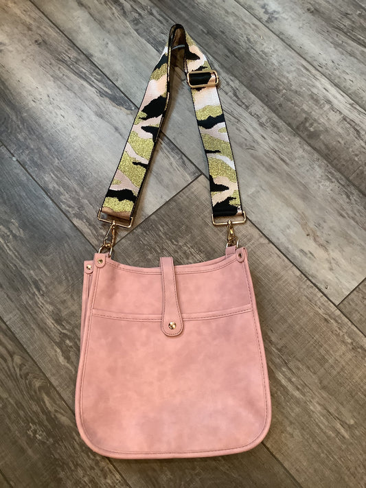 Light Pink Vintage Vegan Leather Messenger Bag with Pink/BlackMetallic Gold Camo Strap
