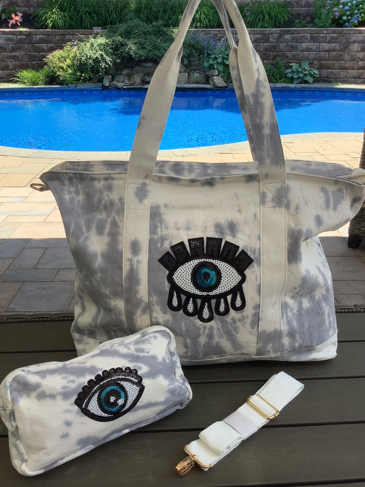 Sequin Evil Eye Tiedye Canvas Tote Bag, Pouch & Strap Set - Grey