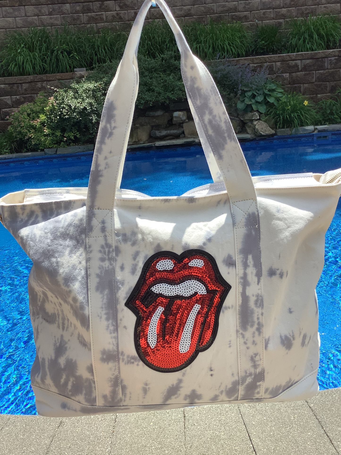 Sequin Stones Tongue Tiedye Canvas Tote Bag, Pouch & Strap Set - Grey