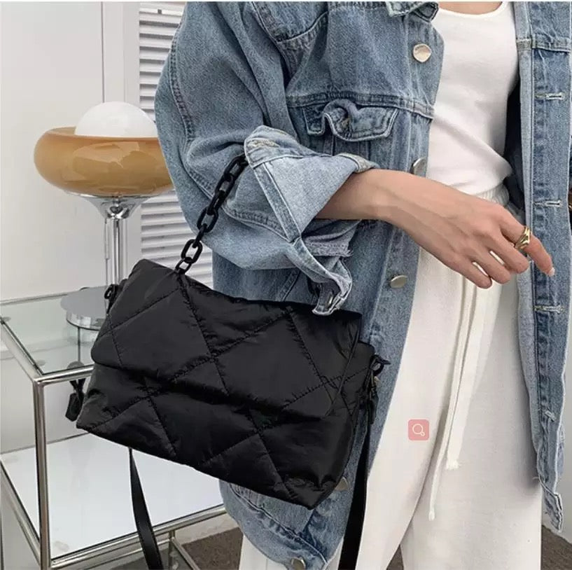 Nylon Quilted Black Chain Bag