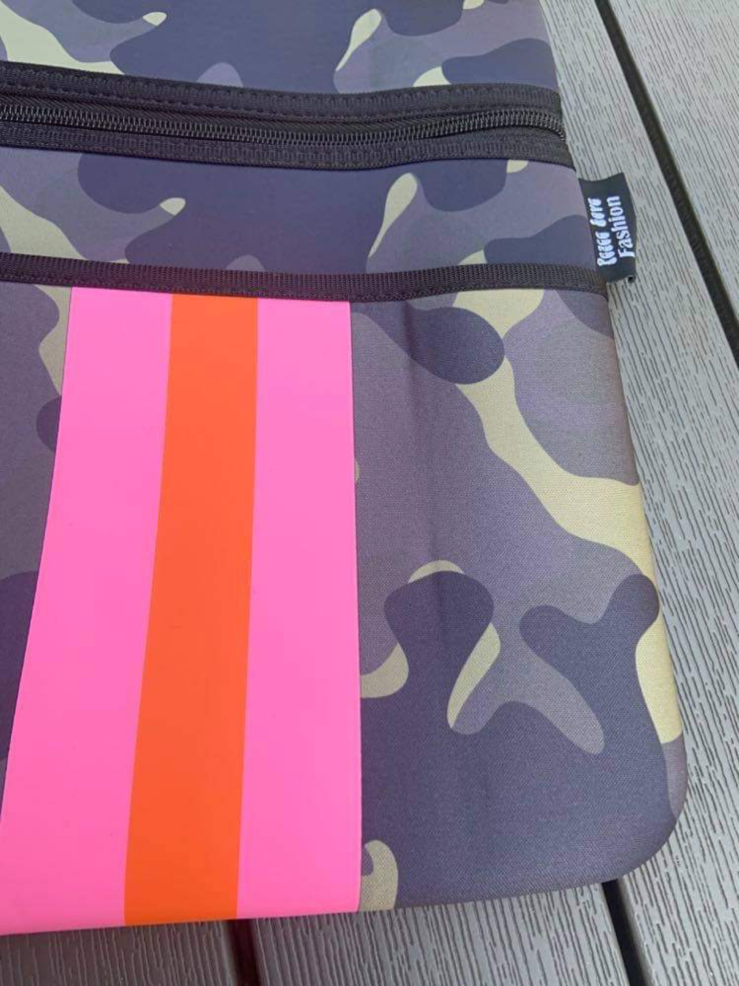 Green Camo neoprene crossbody with Orange & Pink stripes 🧡💗