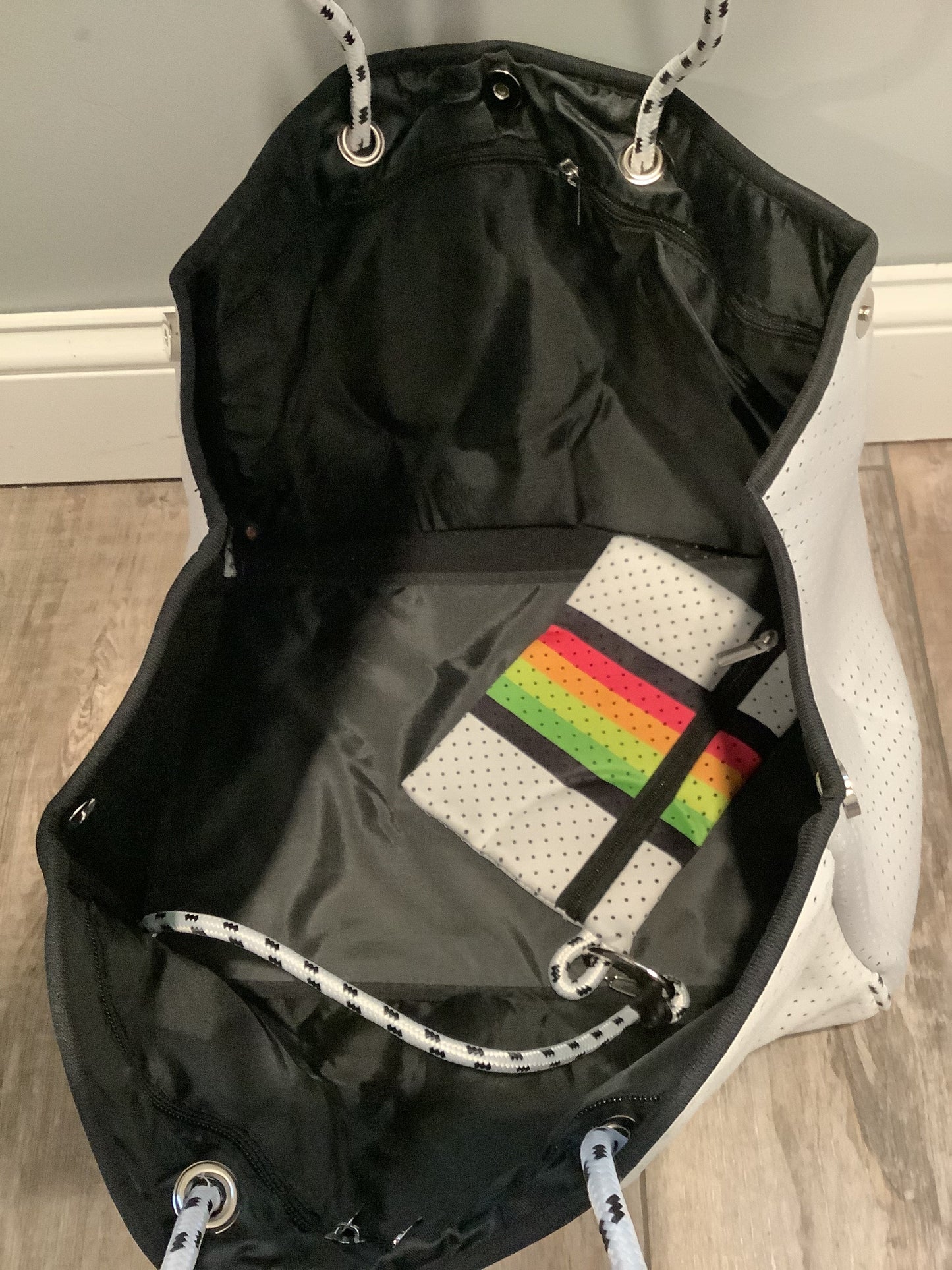 White with Rainbow Stripe Neoprene Tote Bag 🌈