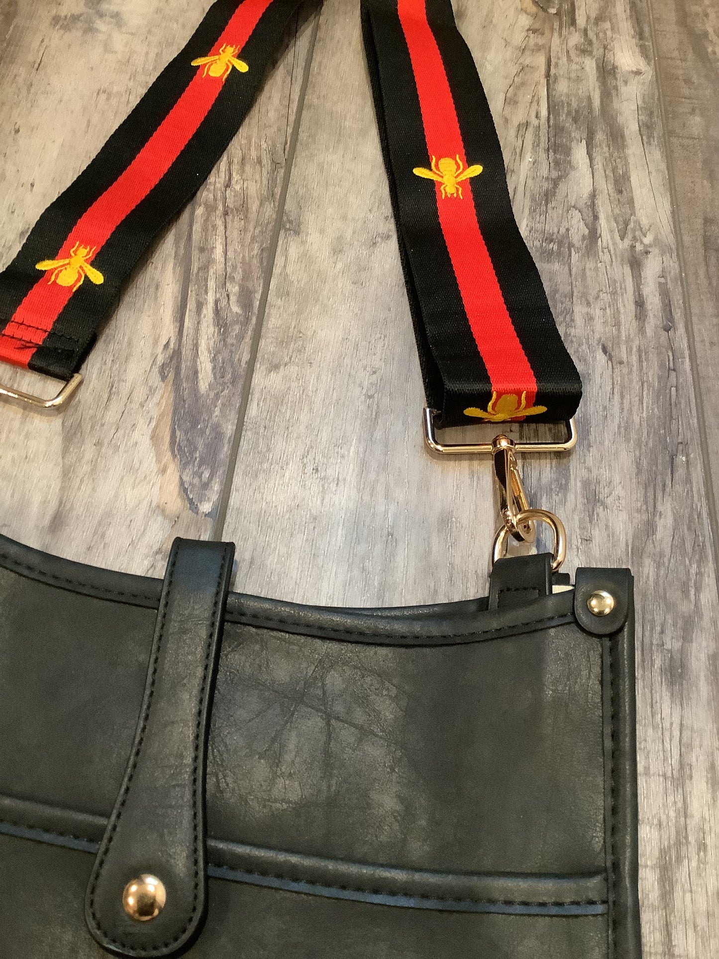 Black  Vintage Vegan Leather Messenger Bag with Red & Black  Bee Strap 🖤🐝❤️