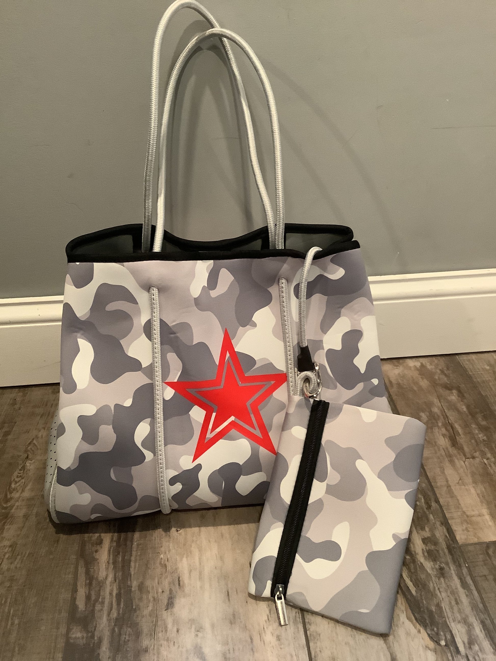 Grey Camo with Red Star Neoprene Tote – Peace Love Fashion Wholesale