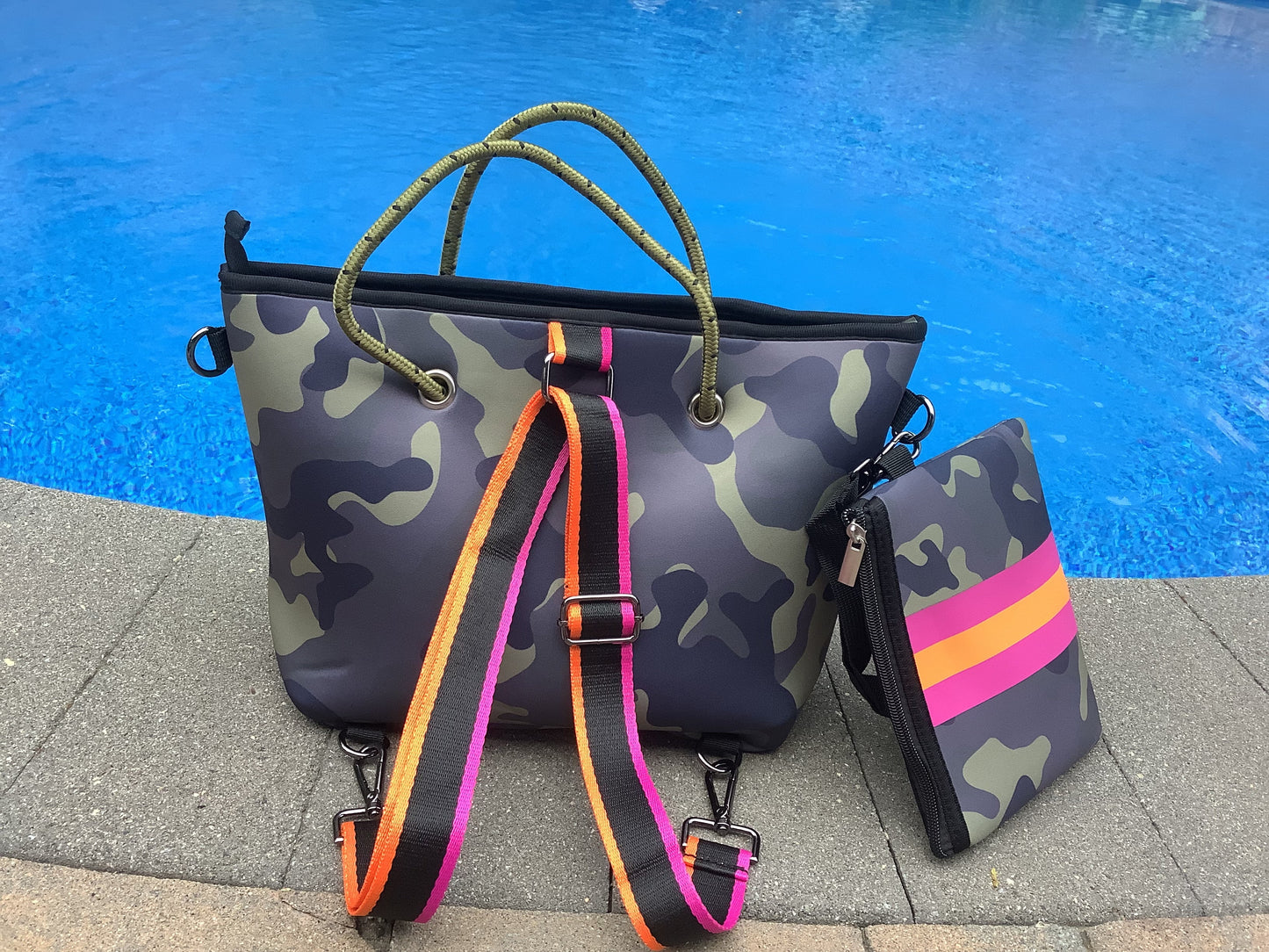 Green Camo w/ Pink & Orange Stripe Mini cross shoulder neoprene bag 💚💗🧡