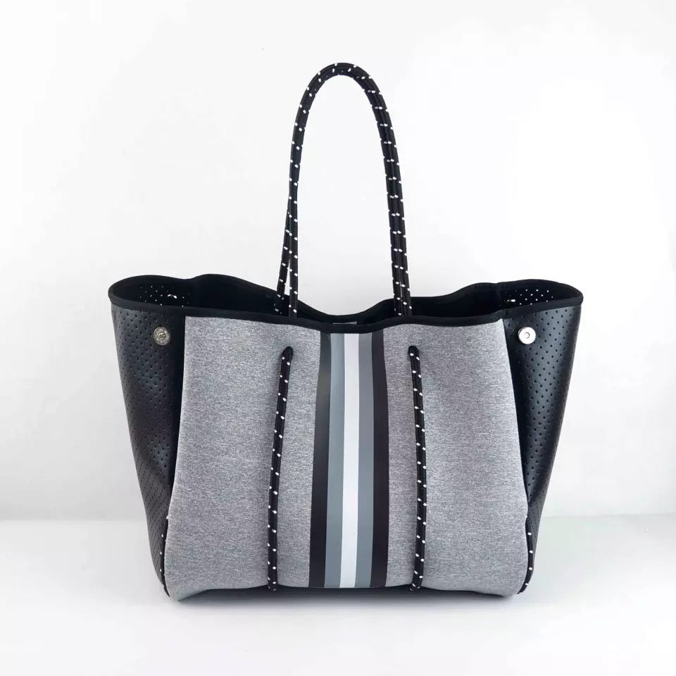 Grey with Black, Grey & White Stripe Neoprene Tote