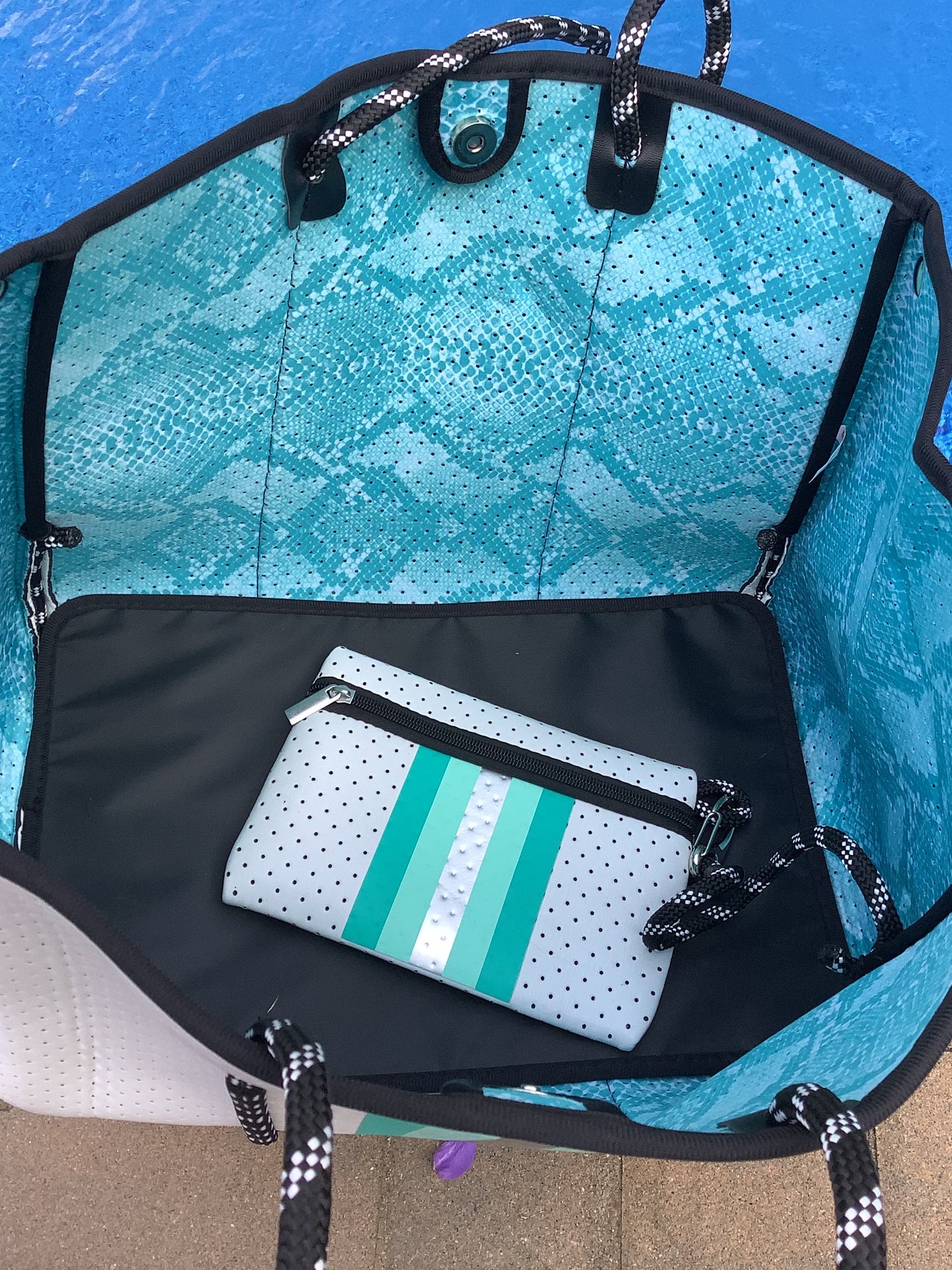 White with Mint & Silver Stripe Neoprene Tote