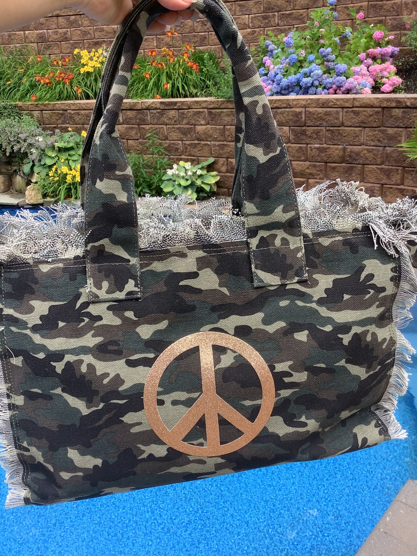 Peace Gold Glitter Camo Canvas Tote