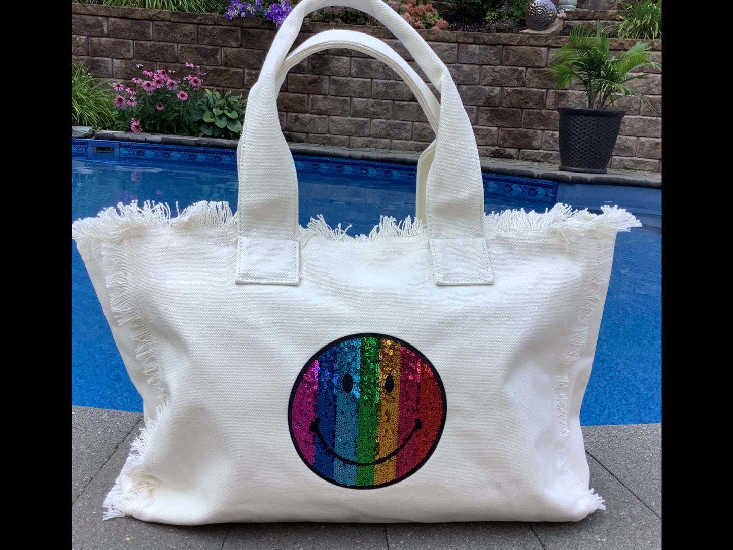 Rainbow Smiley 😊 Face Canvas Fringe Tote - Assorted Colors