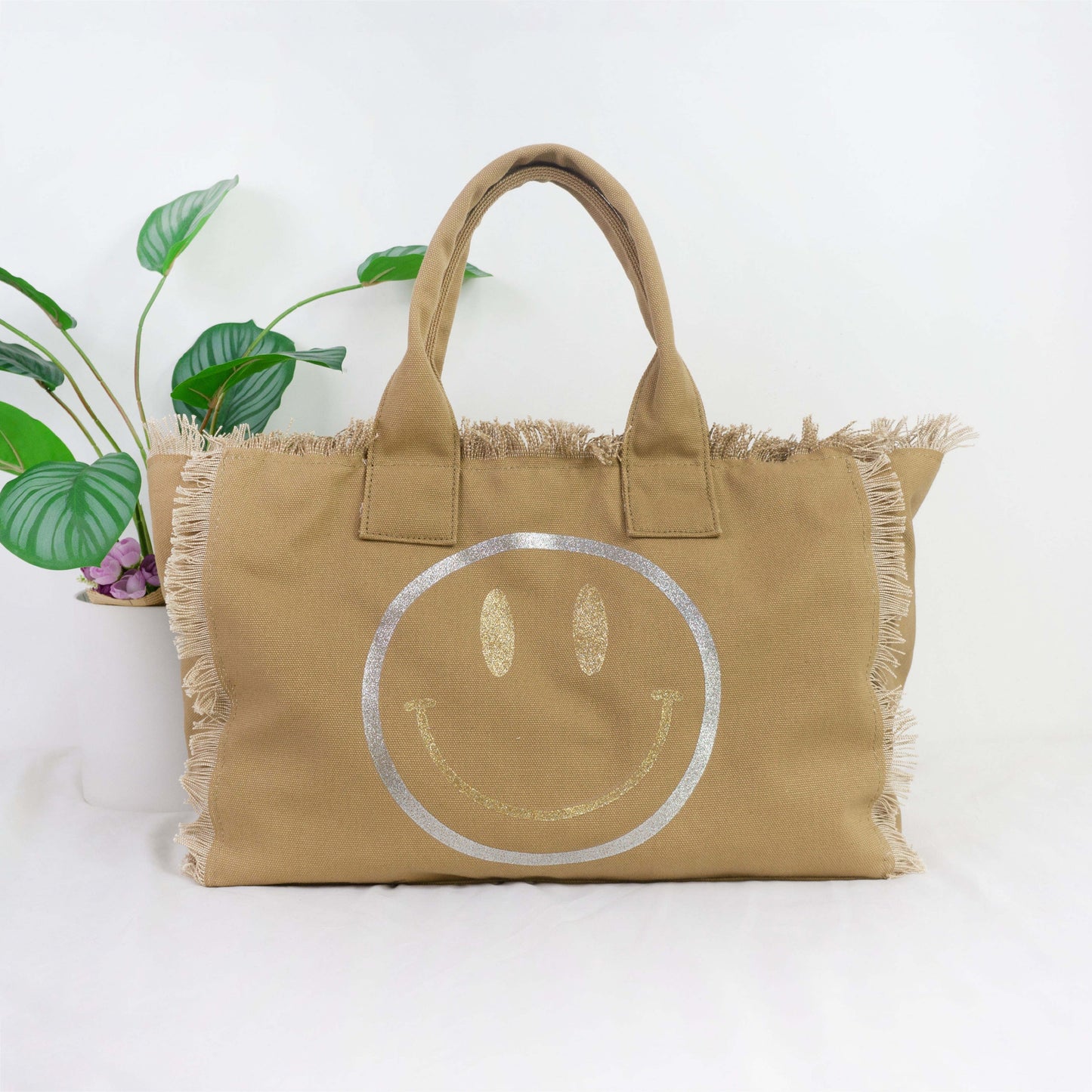 Metallic Gold Silver Smiley Face Canvas Fringe Tote - Assorted Colors