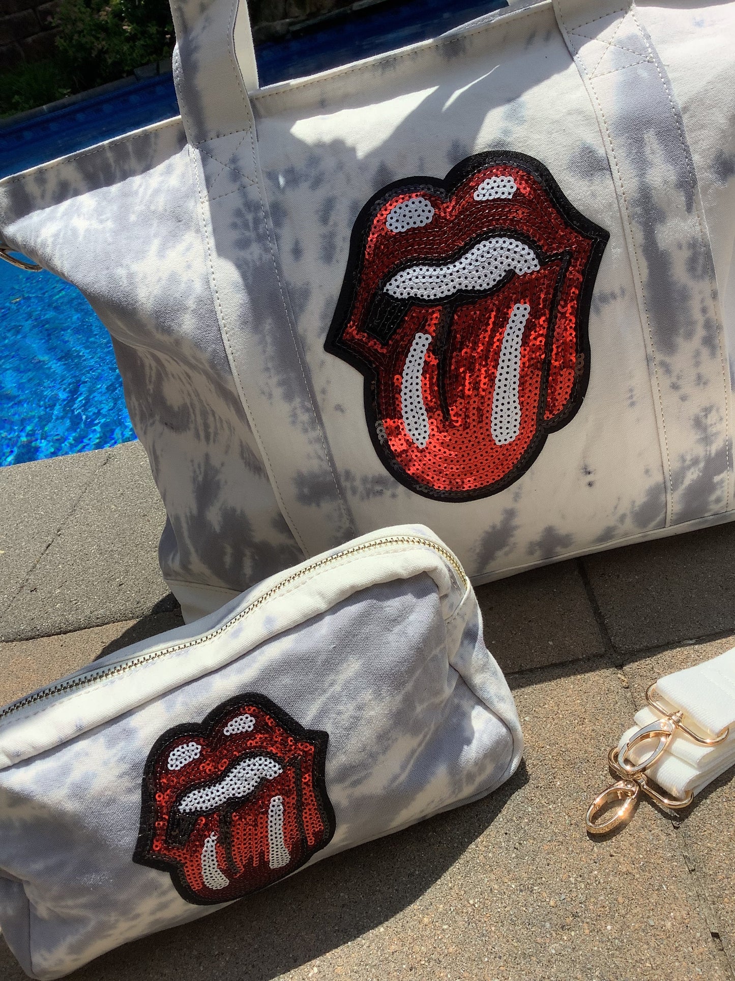 Sequin Stones Tongue Tiedye Canvas Tote Bag, Pouch & Strap Set - Grey