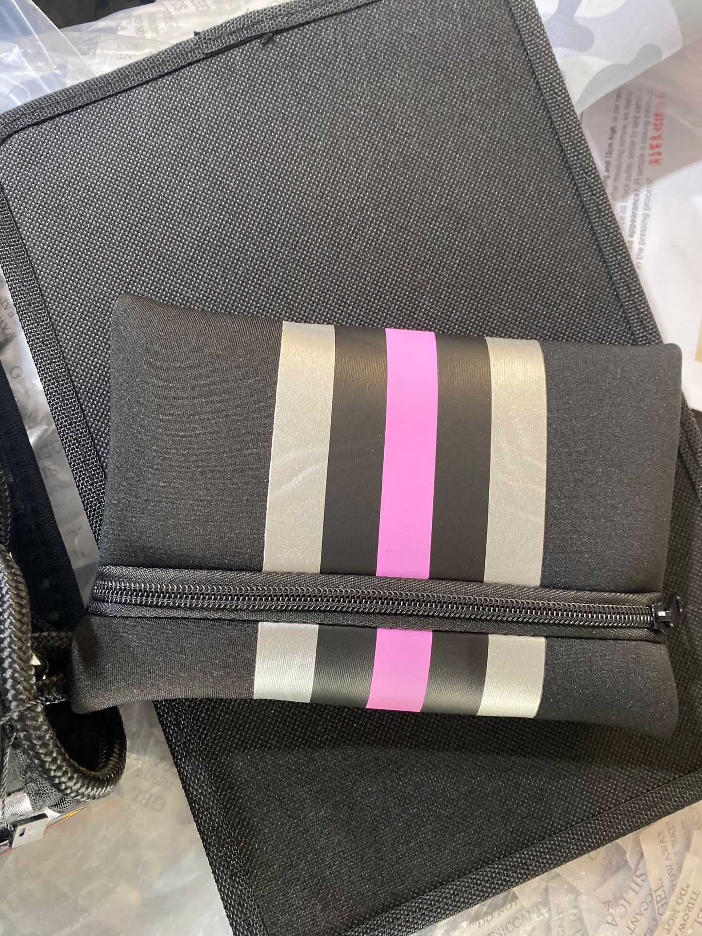 Black Pink Silver Stripe Neoprene Tote