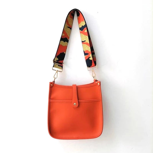 Orange Vegan Leather Messenger Bag with Orange/Navy/Gold Metallic Strap