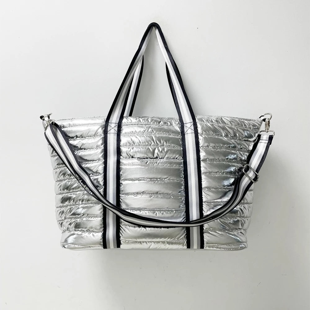 Lightweight Puffer Tote w/ Zippered Pouch - Silver