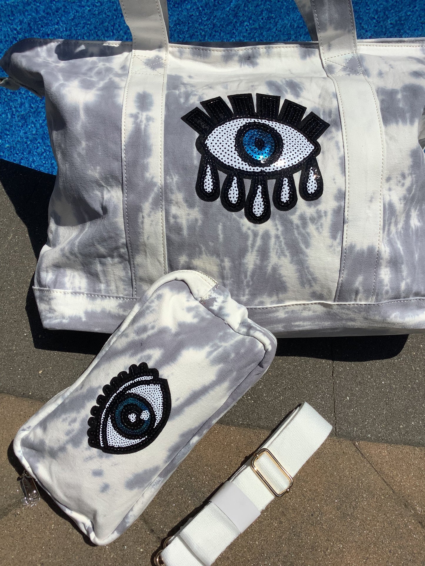 Sequin Evil Eye Tiedye Canvas Tote Bag, Pouch & Strap Set - Grey