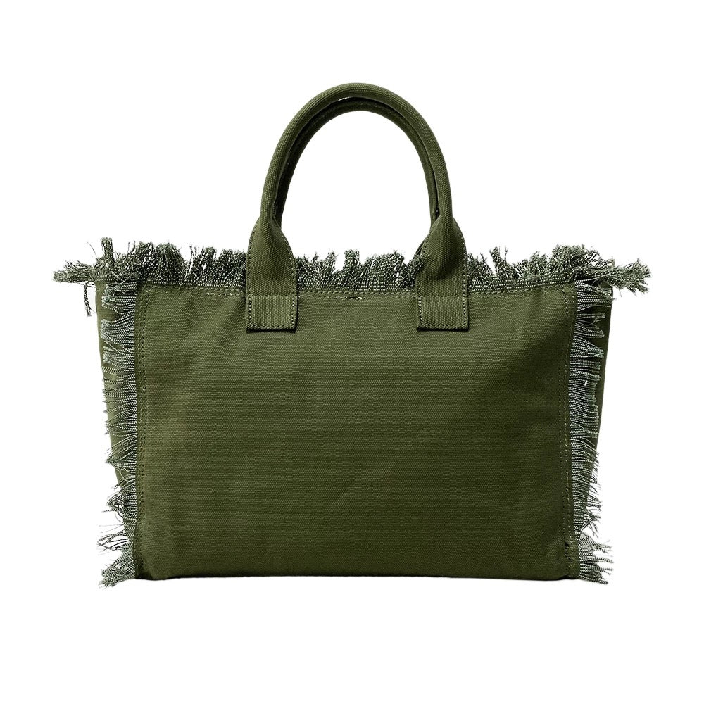 Olive Small Fringe Canvas Tote With Star Strap