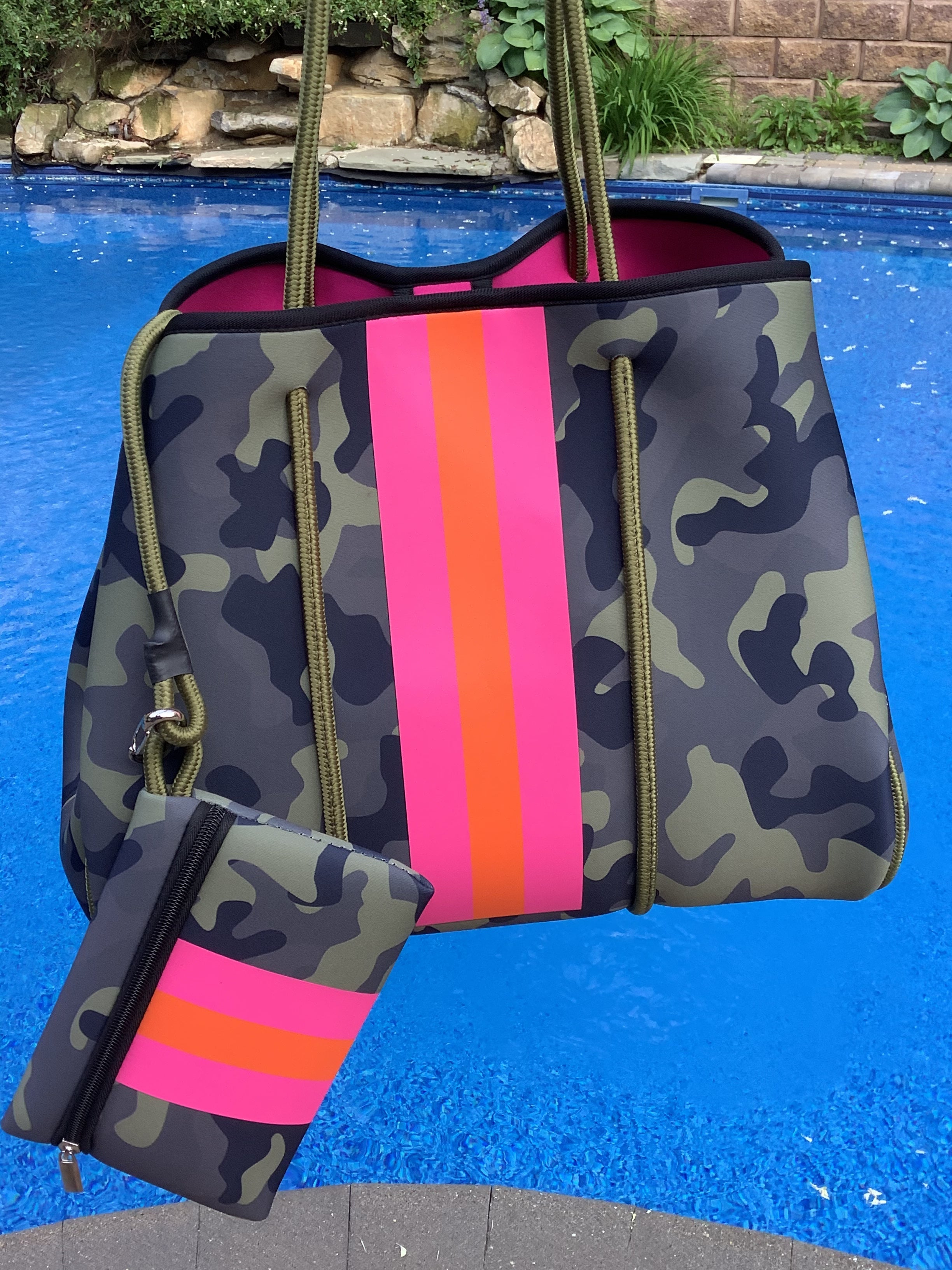 Green Camo with Orange Pink Stripe Neoprene Tote bag Peace