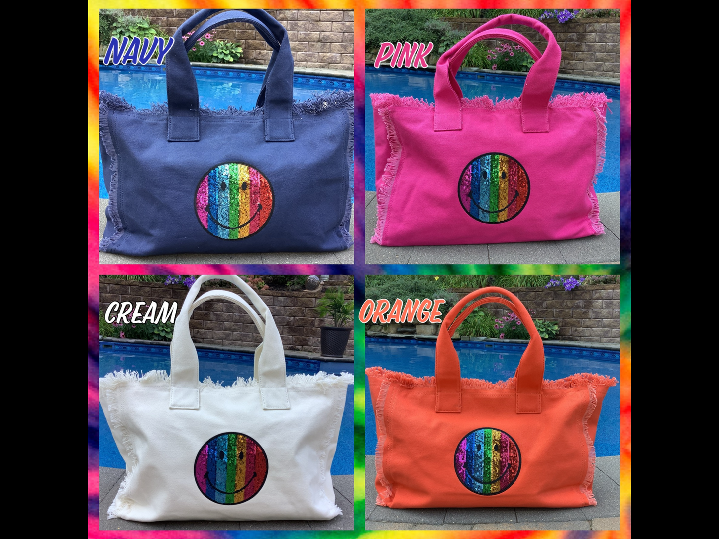 Rainbow Smiley 😊 Face Canvas Fringe Tote - Assorted Colors