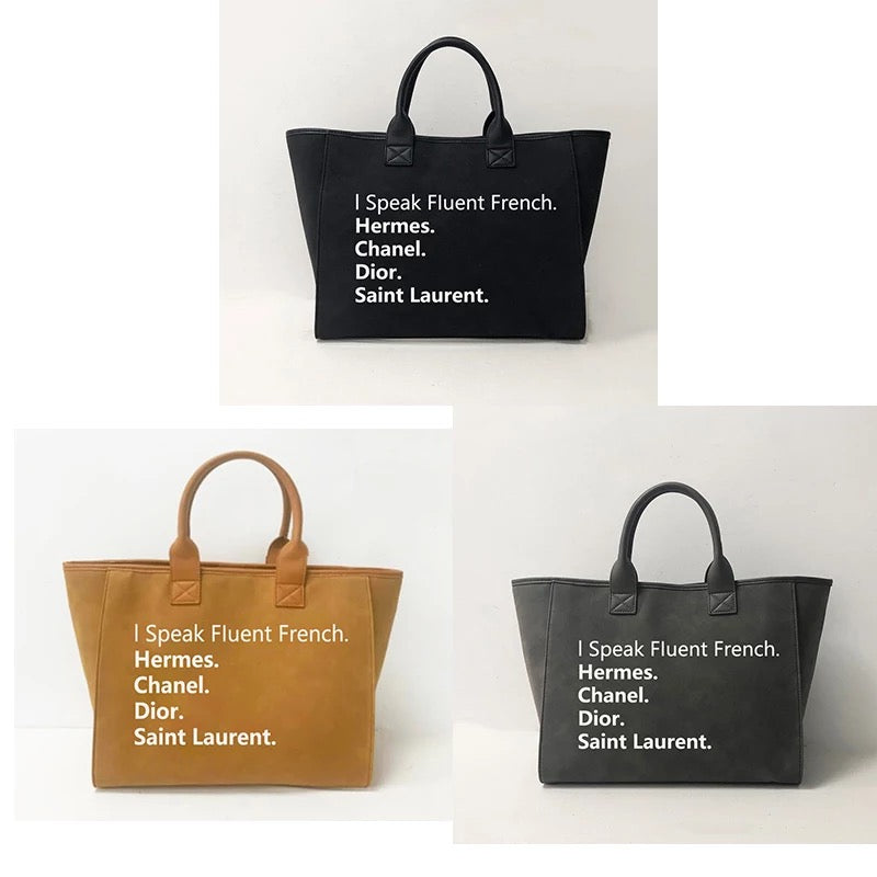 Speak French Tote - Camel, Grey, Black