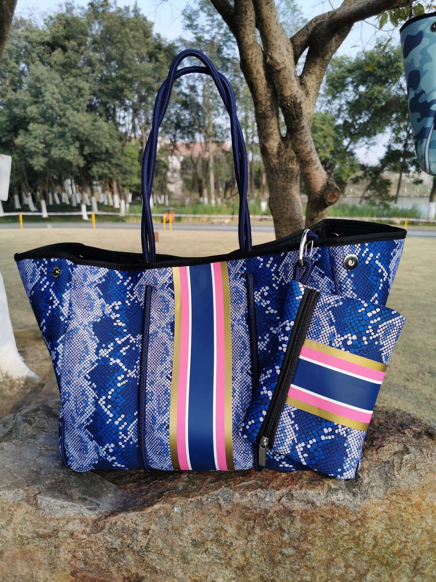 Blue Snake Pink/Gold Stripe Neoprene Tote