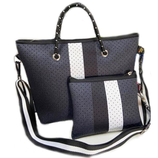 Mini Charcoal with Black/White Stripe Cross Shoulder Neoprene Bag