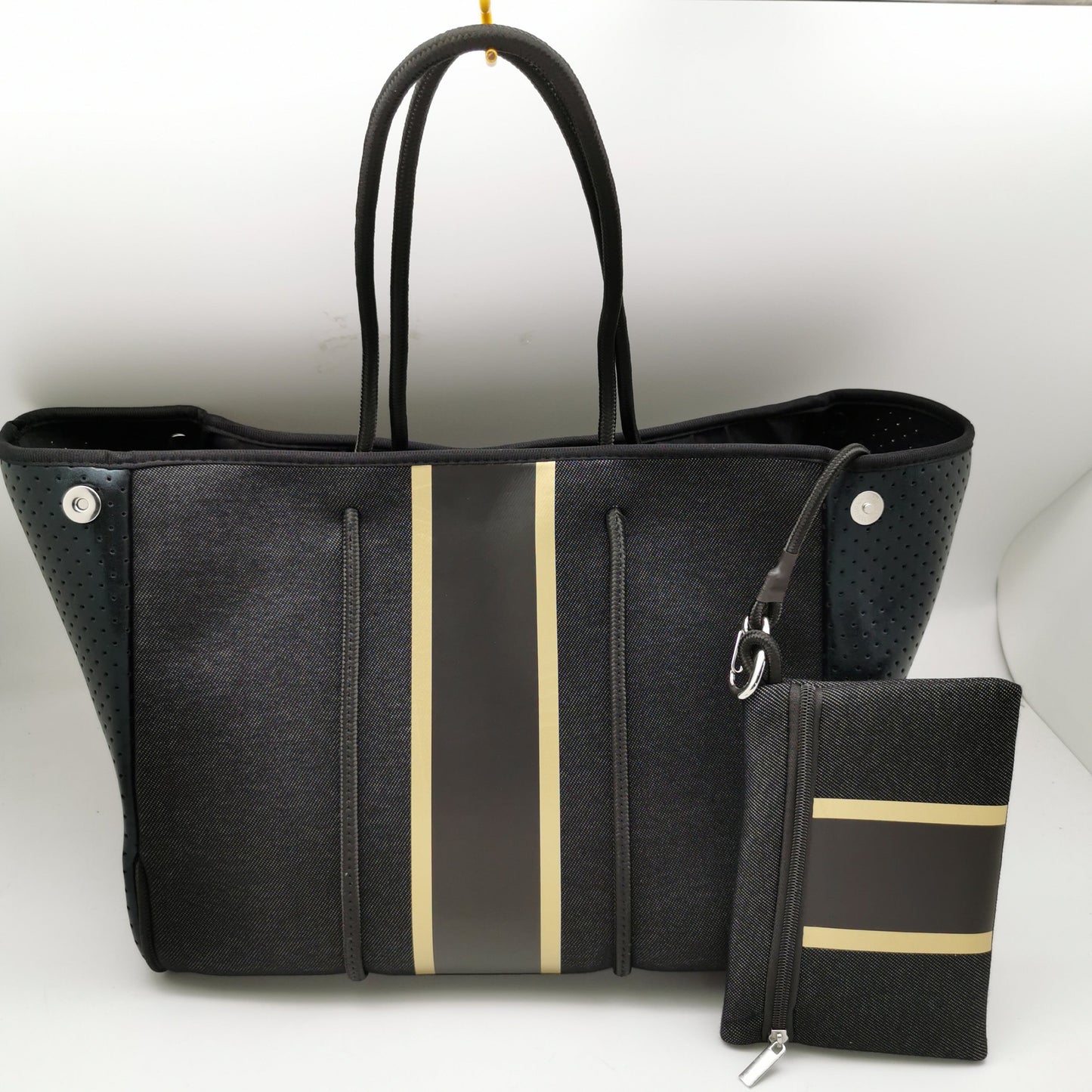 Black Denim Look with Gold Stripe Neoprene Tote