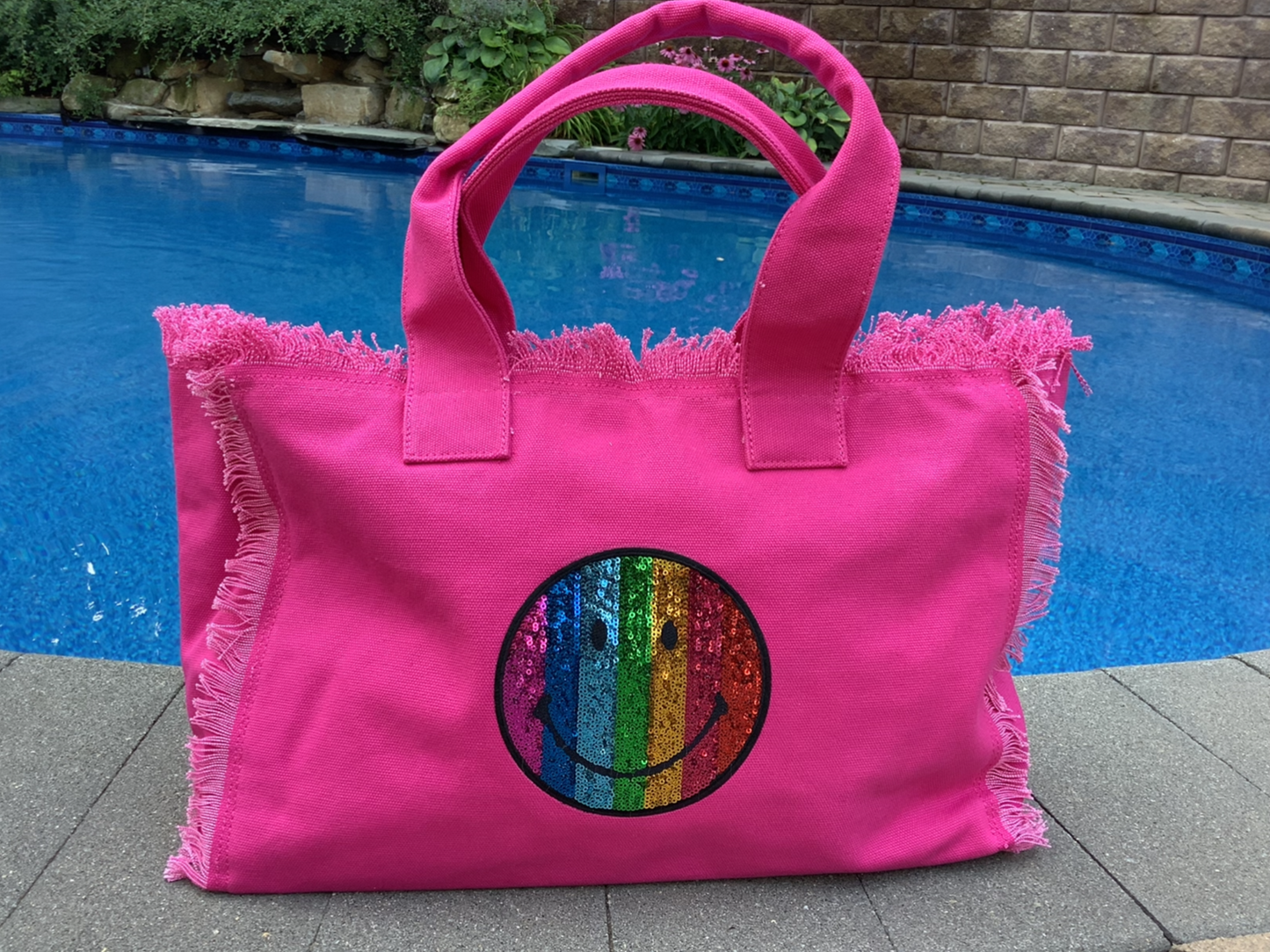 Rainbow Smiley 😊 Face Canvas Fringe Tote - Assorted Colors