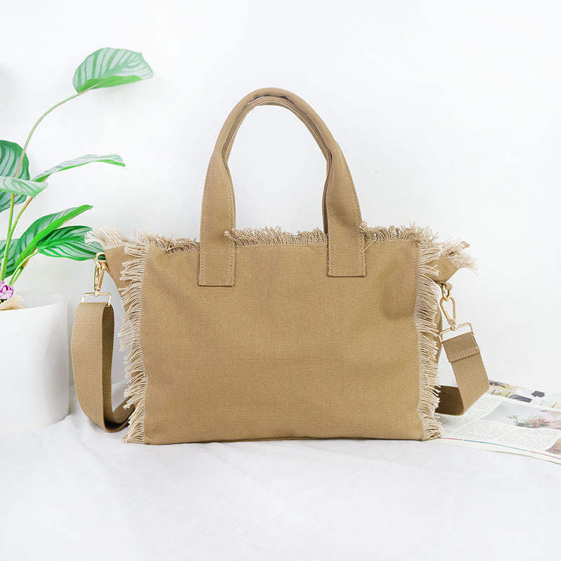 Small Fringe Canvas Tote With Solid Strap - Assorted colors