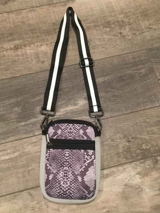 GREY/PURPLE SNAKE WITH MULTI ZIPPER NEOPRENE PHONE HOLDER W/1.25" STRIPE STRAP