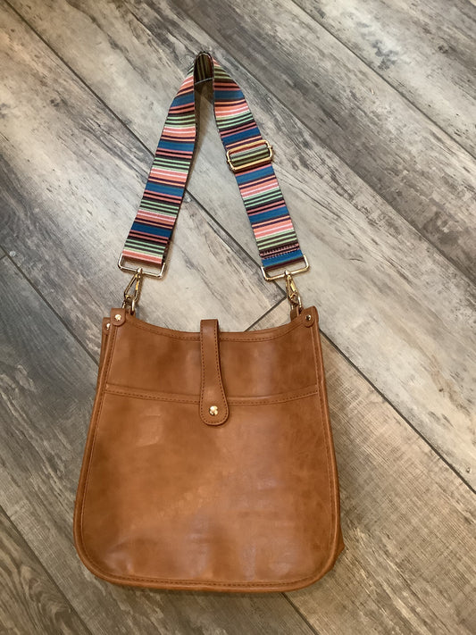 Camel Vintage Vegan Leather Messenger Bag with Multi Stripe Strap
