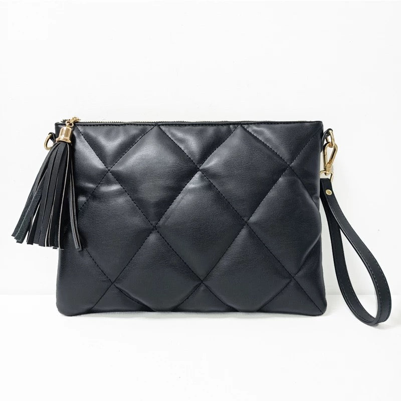 Vegan Leather Quilted Clutch/ Crossbody - Black