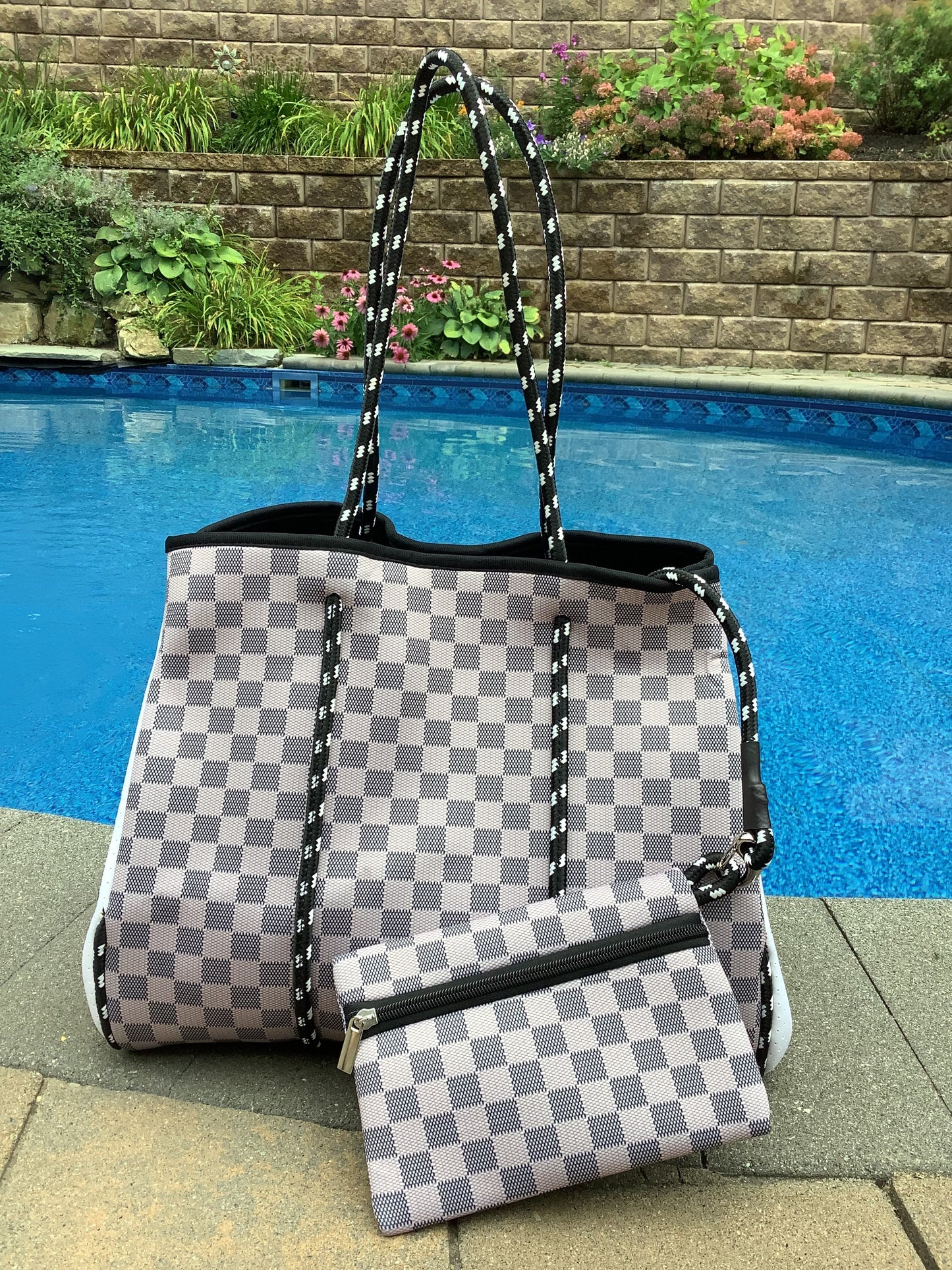 Checkerboard Print Neoprene Tote Black Handle