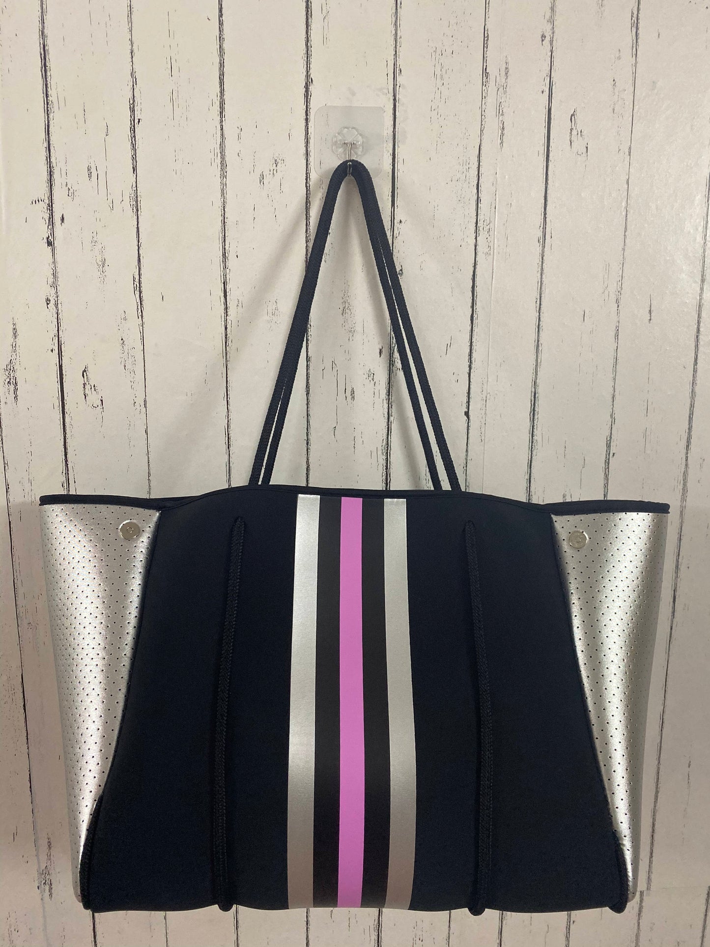 Black Pink Silver Stripe Neoprene Tote