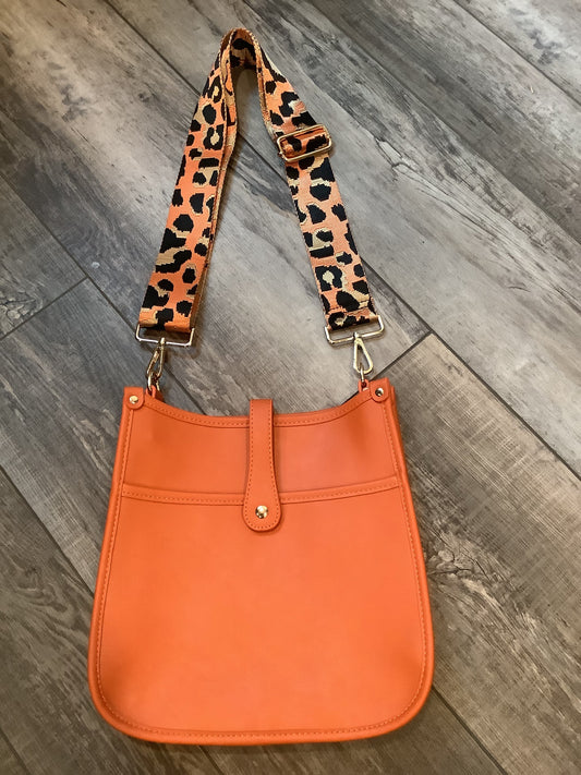 Orange Vegan Leather Messenger Bag with Orange/Black/Gold Leopard Strap