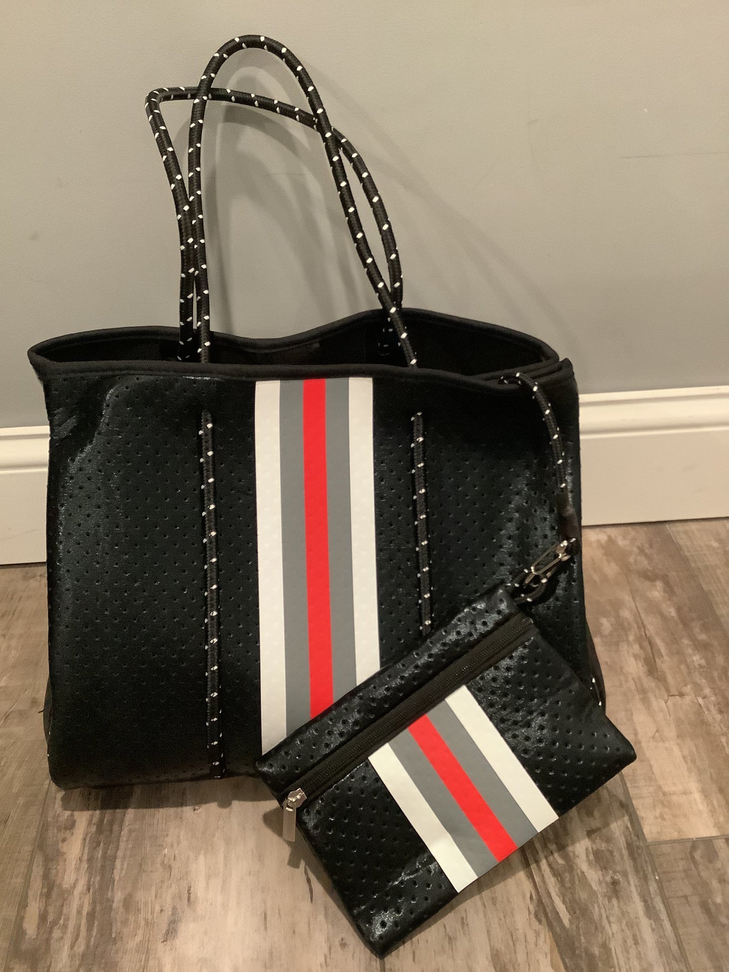 Metallic Black Neoprene with Red & White Stripe Neoprene tote 🖤❤️🤍