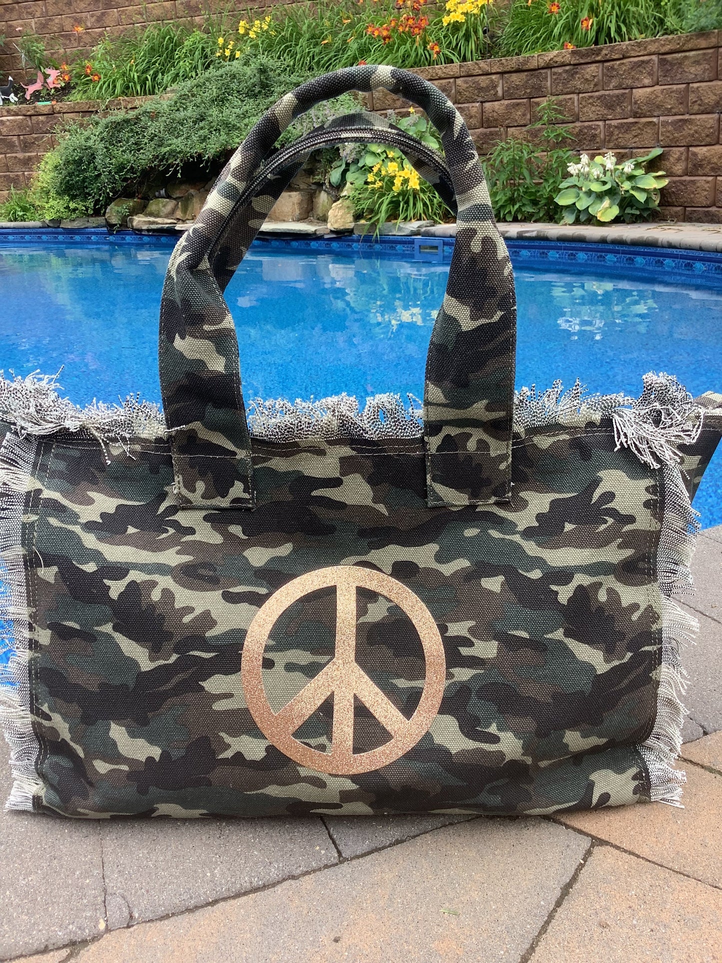 Peace Gold Glitter Camo Canvas Tote