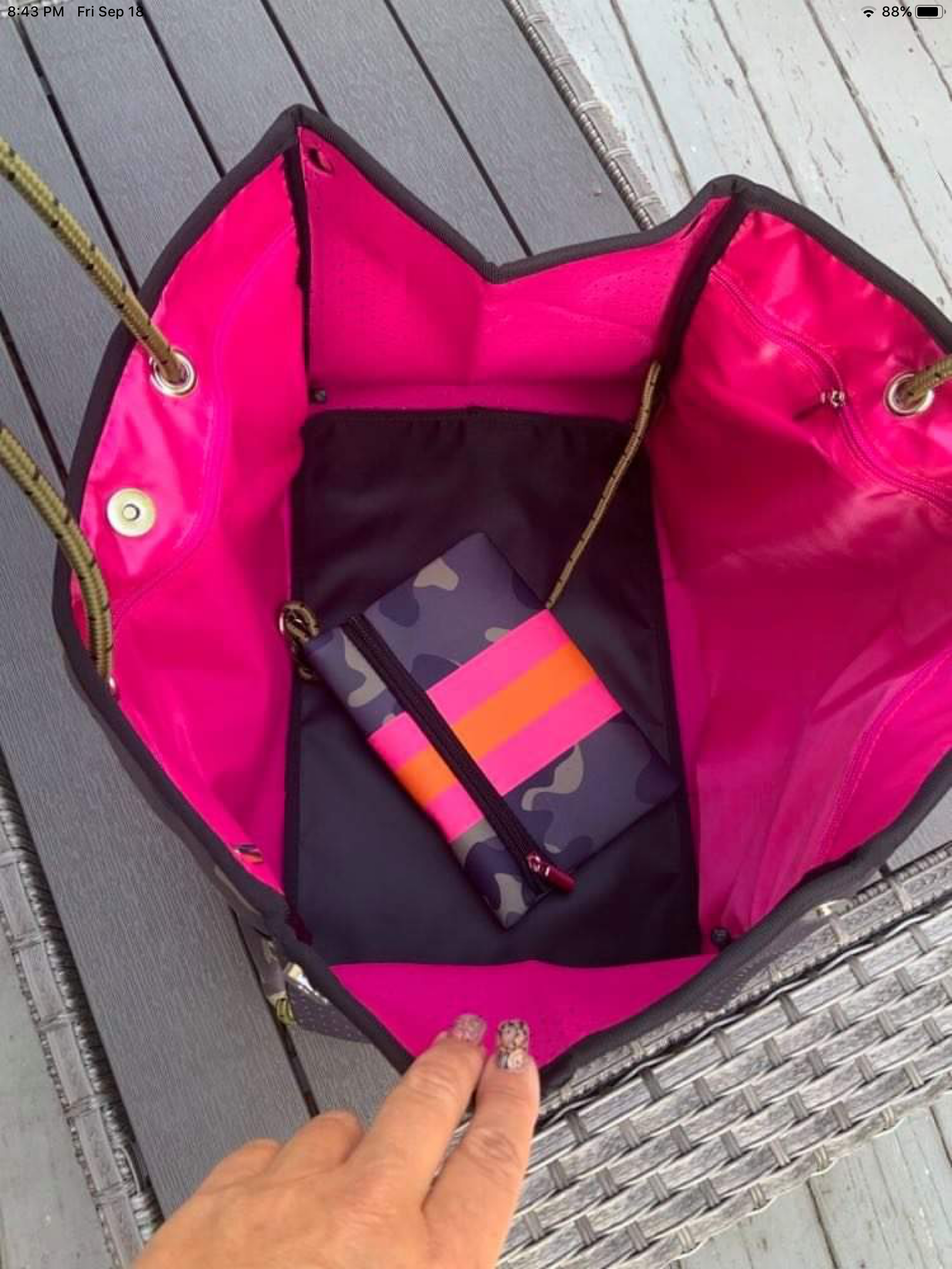 Green Camo with Neon Orange/Pink Stripe Neoprene Tote bag 🧡💗 – Peace Love  Fashion