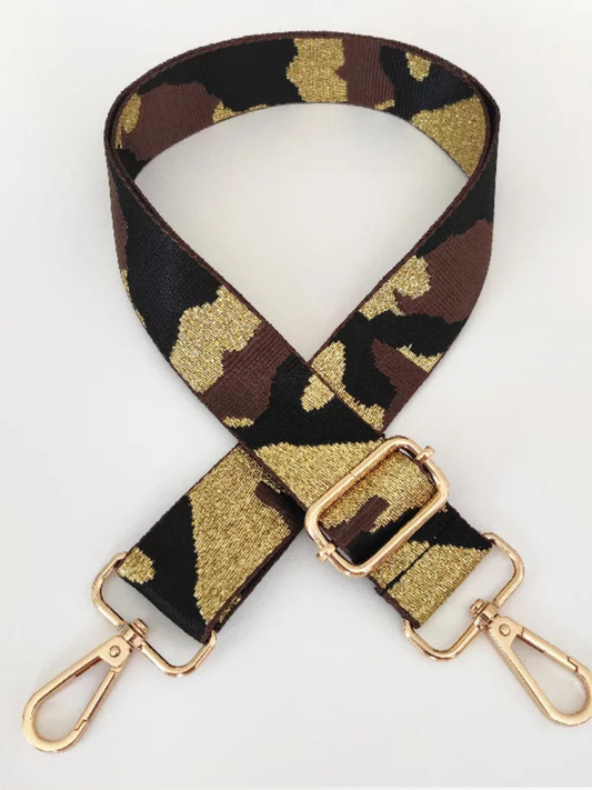 CAMOUFLAGE ADJUSTABLE BAG STRAP W/ METALLIC THREAD - BROWN/METALLIC GOLD/BLACK