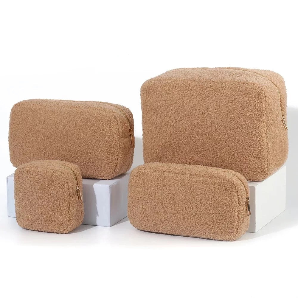 Tan Teddy Sherpa Cosmetic Pouches - Assorted Sizes